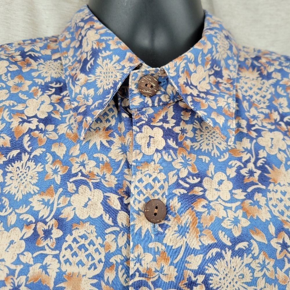 Hilo Hattie Vintage Floral Blue Cream and Brown Men's Hawaiian Button Up Shirt - Picture 6 of 11